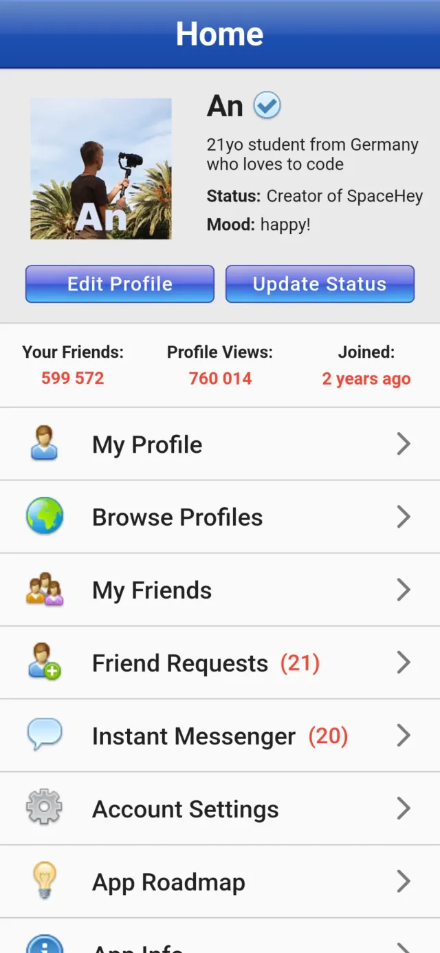 SpaceHey Mobile - Retro social - Screen 1