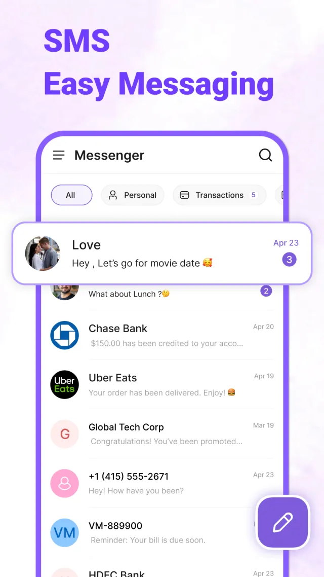 Messages: Text SMS Home - Screen 1