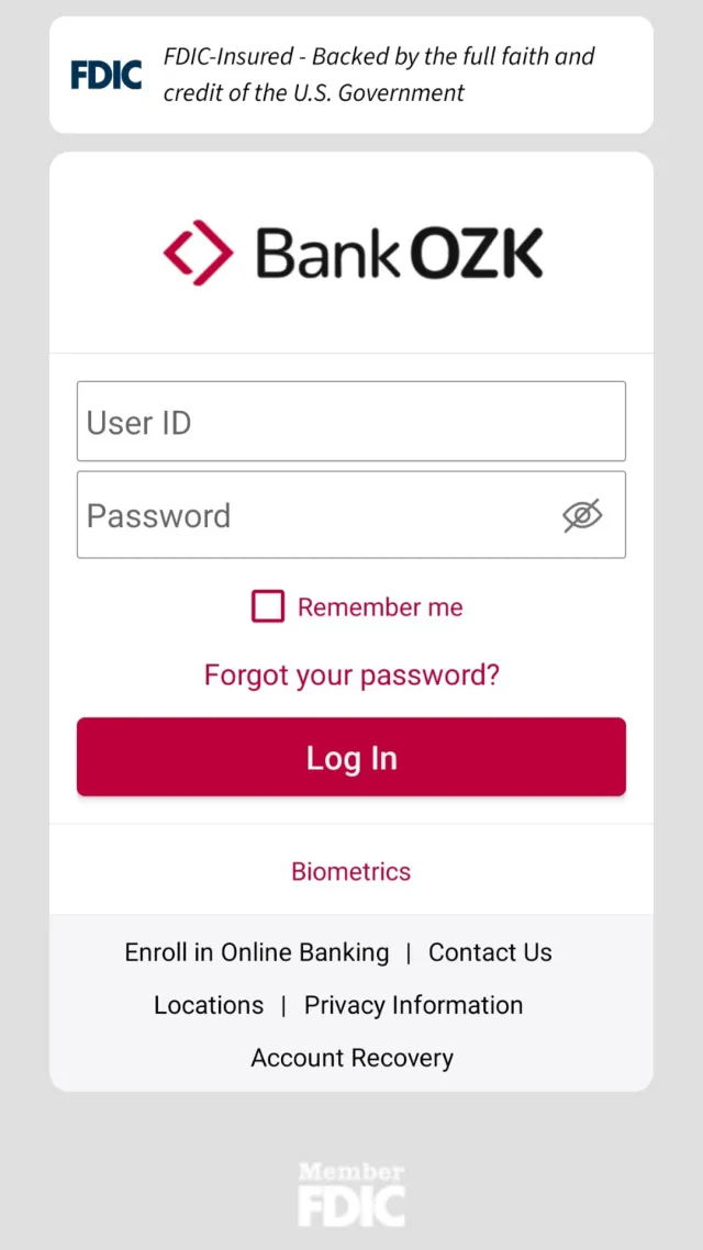 Bank OZK Mobile Banking - Screen 1